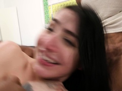 Amateur Brunette Fucks Two Big Cocks