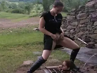 Caged Slave Slut Gets Pissed On By Mistress Outdoors BDSM