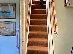 Cathy Slut Granny At Home Walks Up Stairs In Hot PVC Costume