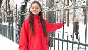 Frozen Teen In Glasses Selena Is Warmed Up With Hardcore Analfuck