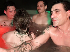 Wild Group Sex In Jacuzzi: Two Sexy Latina Beauties Suck Cocks And Enjoy The Massage