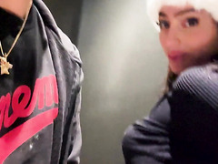 Fit Round Assed Latina Cutie In A Furry Hat Sucks Her BF’s Dick & Gets Fucked In The Public Toilet